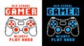 Gamepad or joystick in pixel art style for t-shirt design. Set of tee shirts with pixel text slogan and pixelated joypad for gamer